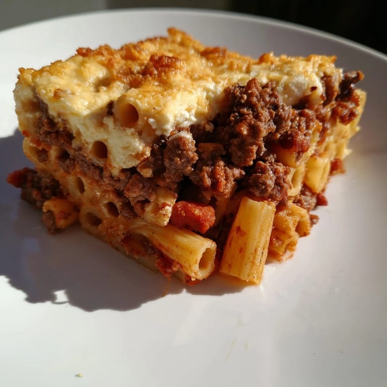 Enjoy the hearty Greek Pastitsio with its savory beef, pasta, and rich béchamel sauce.