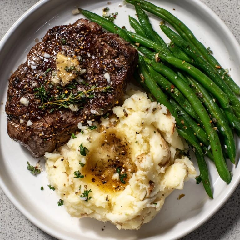 Close-up of a flavorful Steak & Garlic Mash sheet pan meal ready to enjoy at dinner.