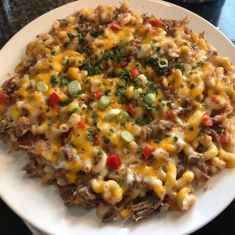 A close-up of a bubbling BBQ Rib Macaroni Skillet, promising a flavorful, cheesy, and hearty main dish.