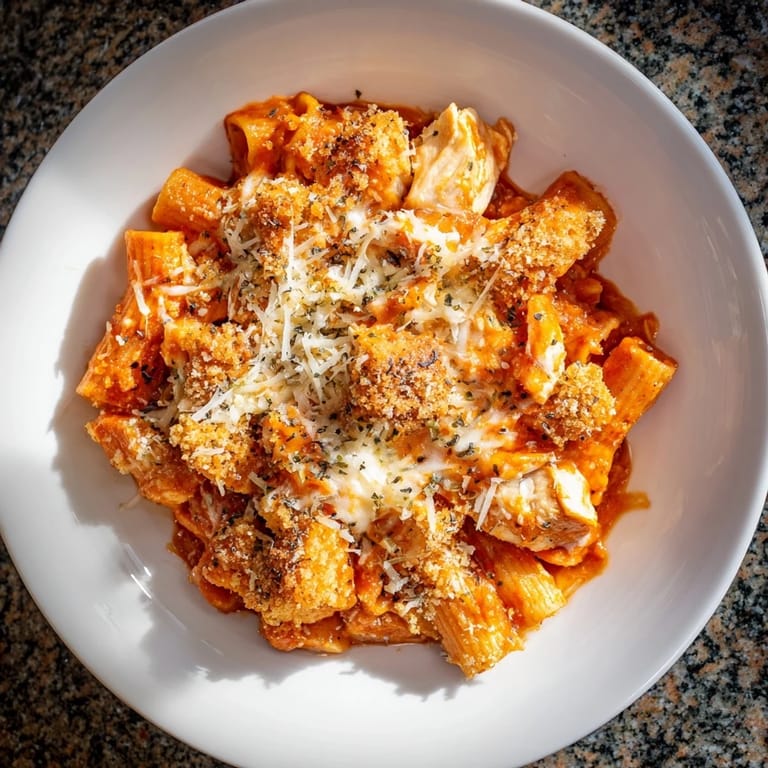 Warm, cheesy baked Chicken Parmesan Pasta with tender chicken and a rich tomato sauce.
