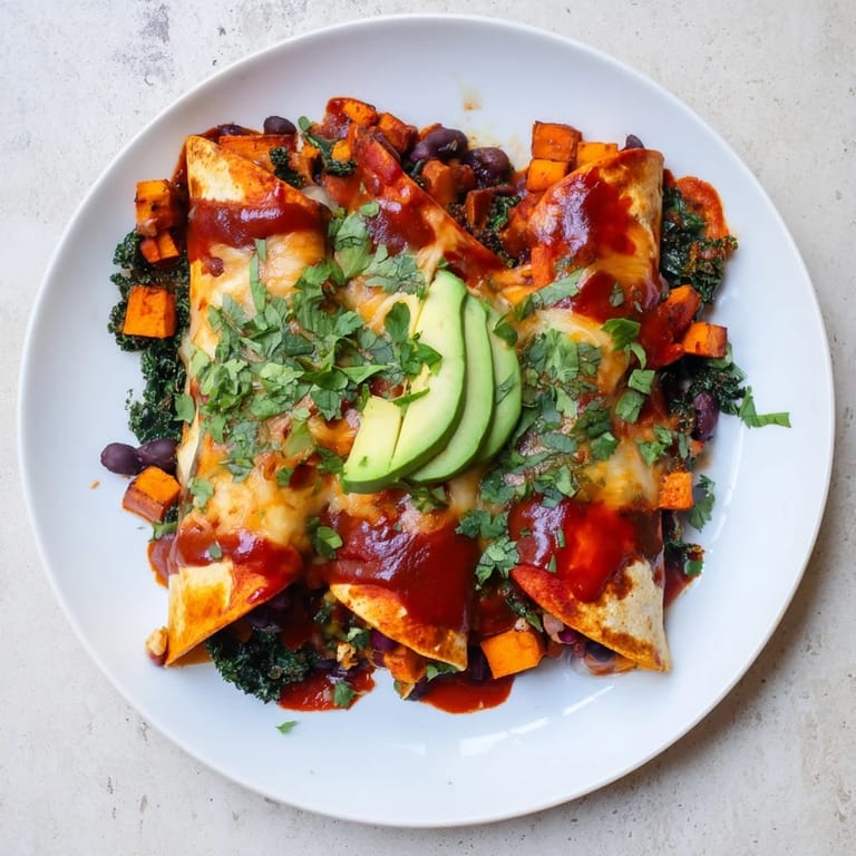 These savory One-Pan Sweet Potato, Black Bean & Kale Enchiladas are filled with healthy vegetables and spices.