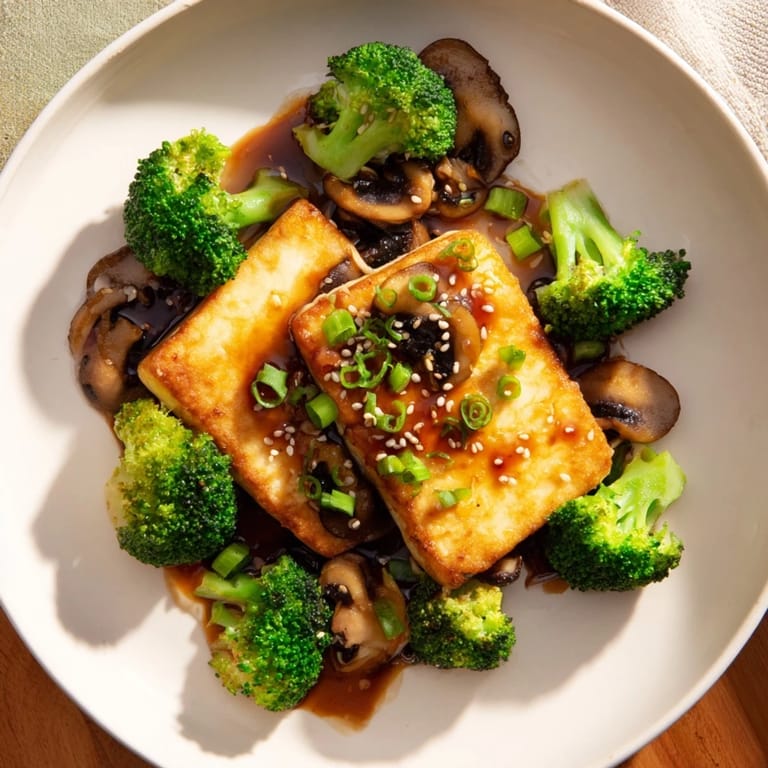 Imagine a flavorful plate of Sautéed Tofu Steak: tender, with vegetables and a glossy sauce.