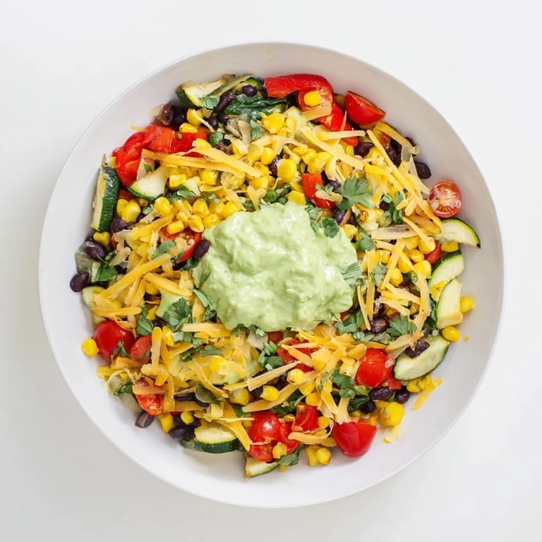 A comforting, colorful Veggie-Packed Taco Skillet with melted cheese and fresh avocado yogurt.
