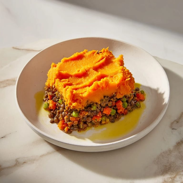 A steaming, bubbly Veggie Shepherd's Pie showcases a hearty lentil filling topped with fluffy sweet potato.