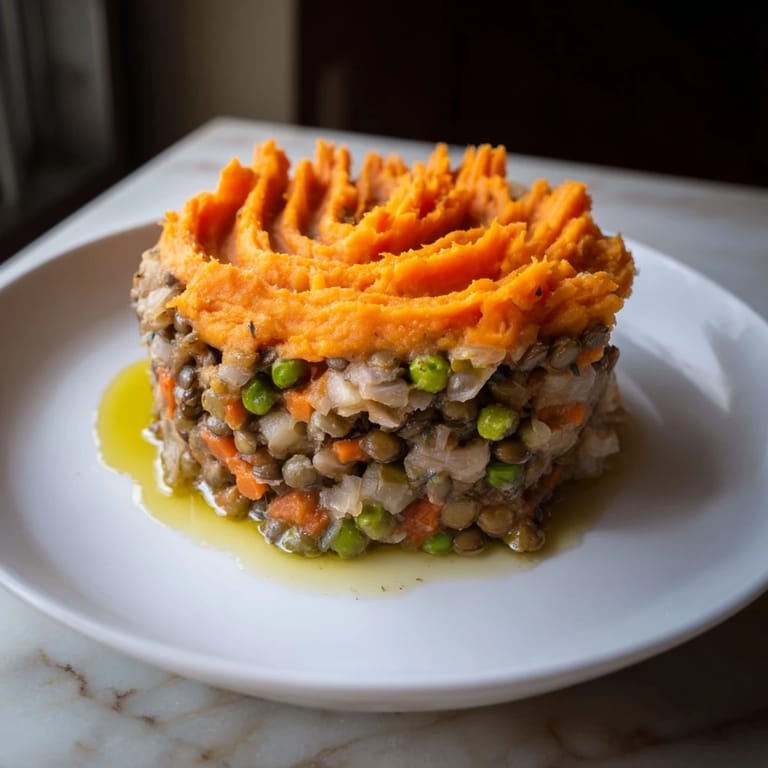 This delicious, baked Veggie Shepherd's Pie features creamy sweet potato mash concealing savory lentils.