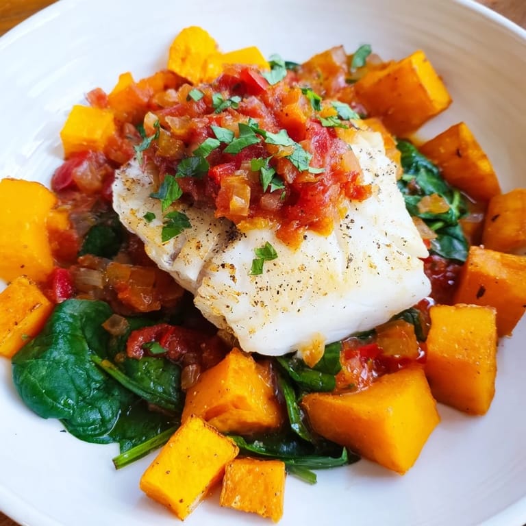 Vibrant image shows flaky baked cod with squash and spinach in a delicious herb-tomato sauce.