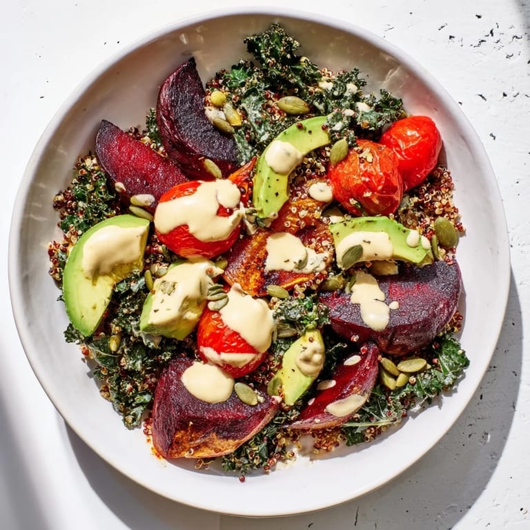 A close-up of a finished quinoa, kale, and roasted beet bowl; bursting with fresh ingredients, ready to eat.