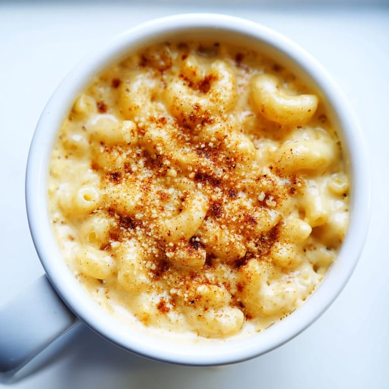 Golden-topped mug mac & cheese, a quick microwave meal with melted cheddar, perfect for a cozy night.