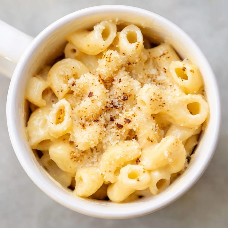 Close-up of bubbling mug mac & cheese, the perfect easy American comfort food, topped with Parmesan.
