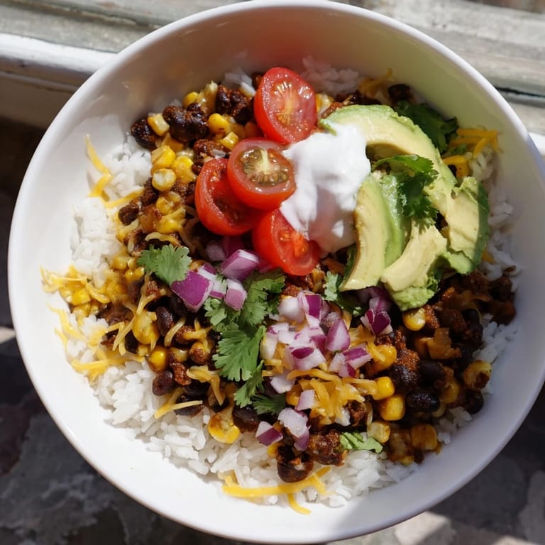 Delicious Rice, Bean, and Corn Burrito Bowls with creamy avocado and cilantro, perfect for dinner.