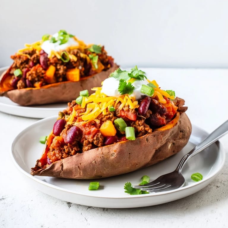 Steaming baked sweet potato stuffed with chili, topped with vibrant green onions and a dollop of cool sour cream.