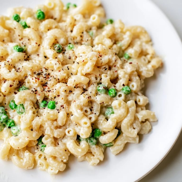 A close-up shot of the finished macaroni & peas, ready to serve with extra cheese.
