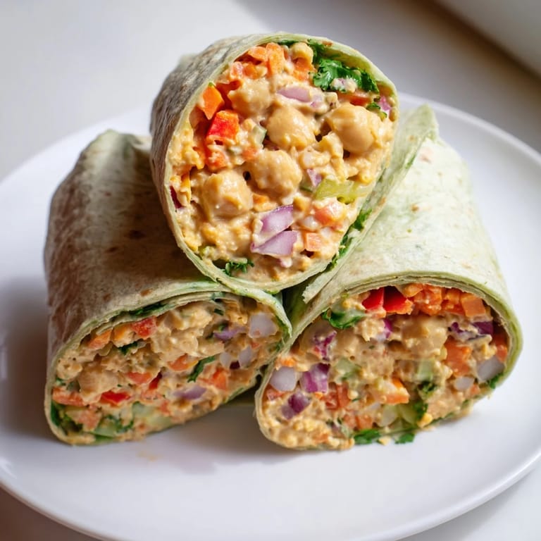These flavorful chickpea salad wraps are ready in minutes, filled with fresh vegetables and herbs.