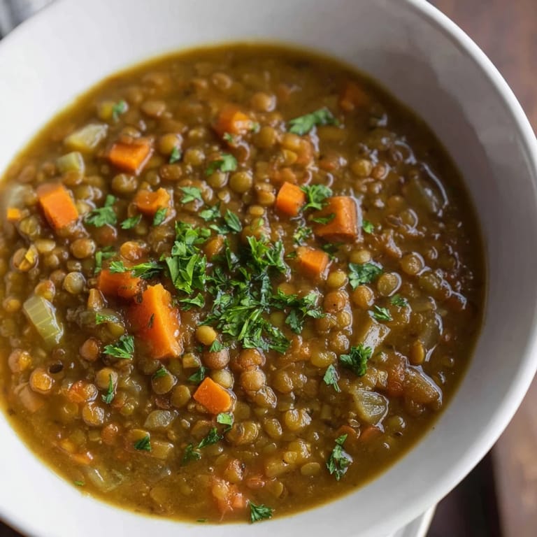 Enjoy warm Lentil Soup with carrots, celery, and a squeeze of fresh lemon, a comforting classic.