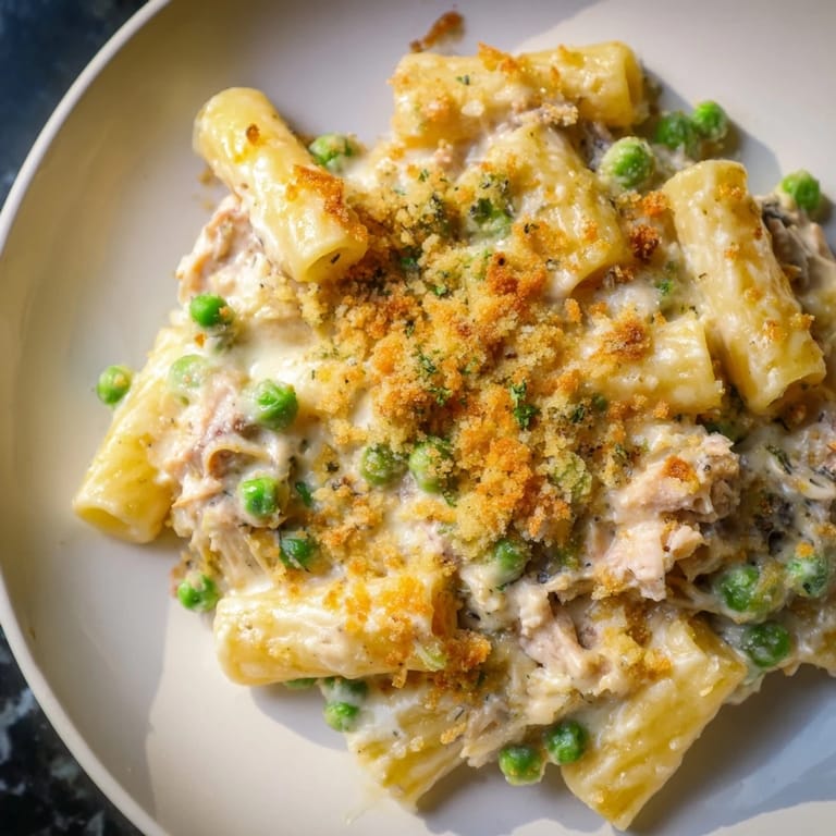 Comforting view of a cheesy tuna pasta bake, savory and filled with tender tuna and veggies.