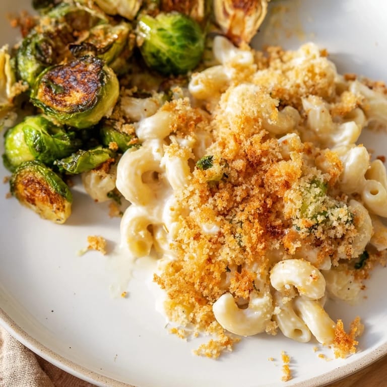 A close-up of sheet pan mac and cheese, featuring crispy Brussels sprouts and creamy cheese.