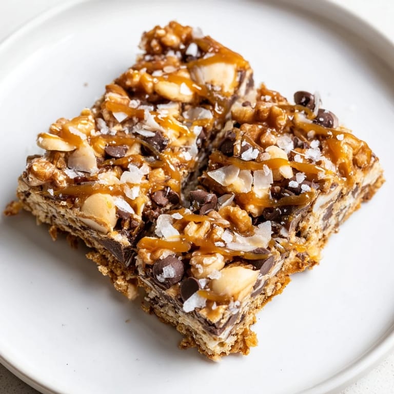 Chewy 7-Layer Magic Bars featuring layers of chocolate, coconut, and a rich, salted caramel for indulgence.
