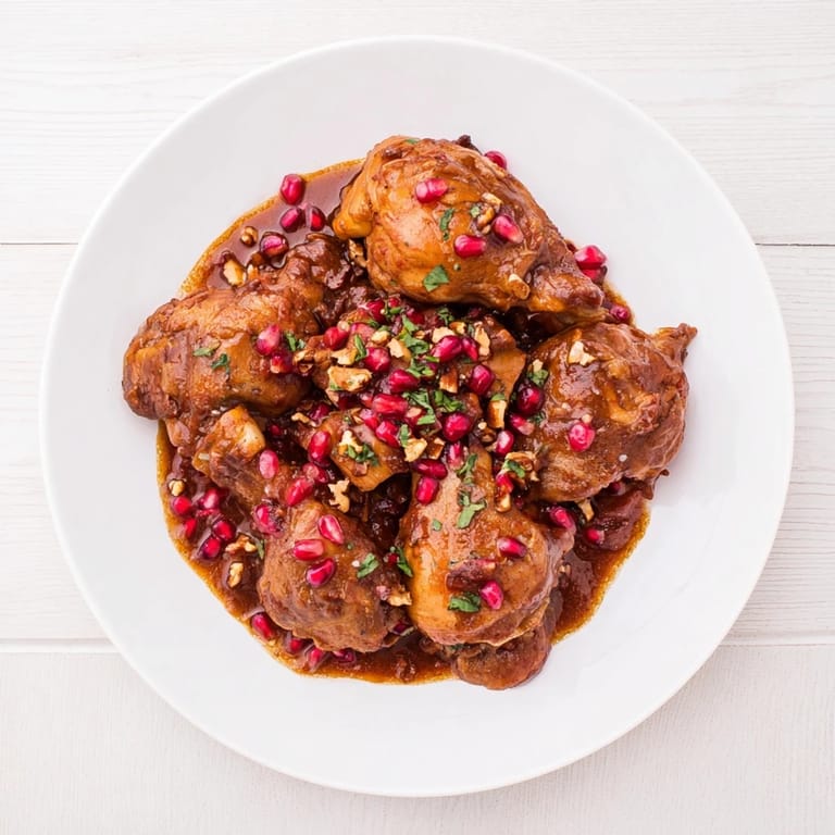 Savory Pomegranate Walnut Fesenjan Stew, garnished with bright pomegranate seeds, perfect for a cozy dinner.