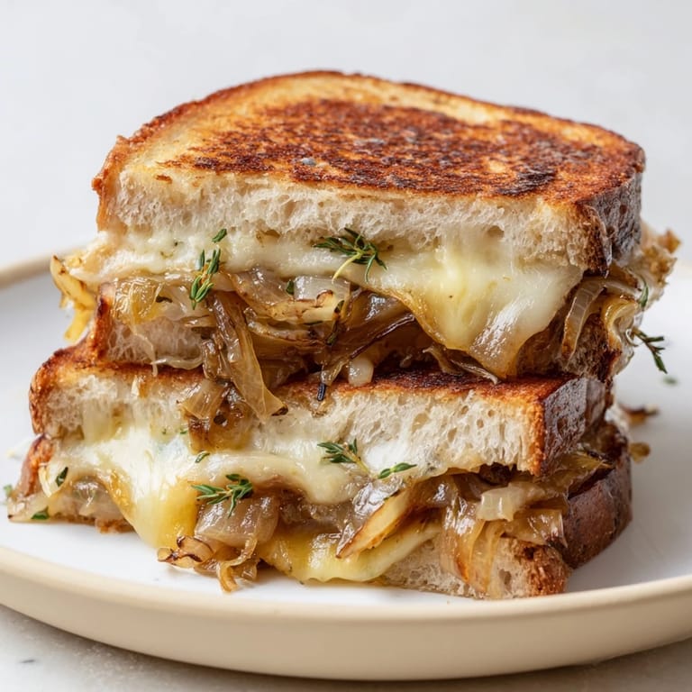 Perfectly browned French Onion Grilled Cheese, with bubbling cheese and a tantalizing aroma of thyme.