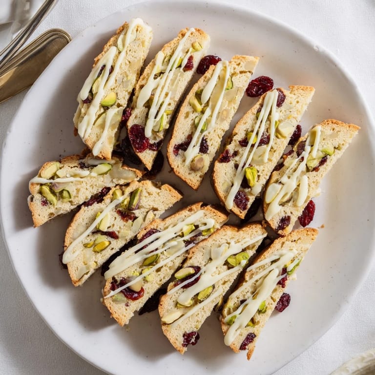 Crunchy White Chocolate Cranberry Pistachio Biscotti showing the texture and delicious ingredients, ready for a holiday treat.