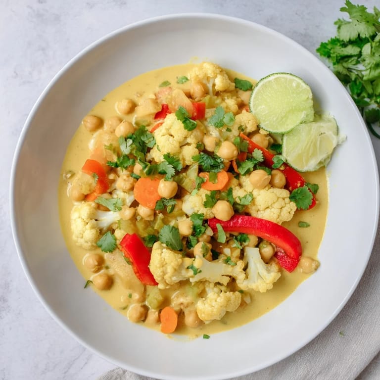 Creamy curried cauliflower and chickpea stew bubbling in a pot, ready to be served.