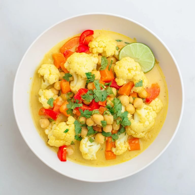 A vibrant bowl of curried cauliflower and chickpea coconut stew, a hearty vegan delight.