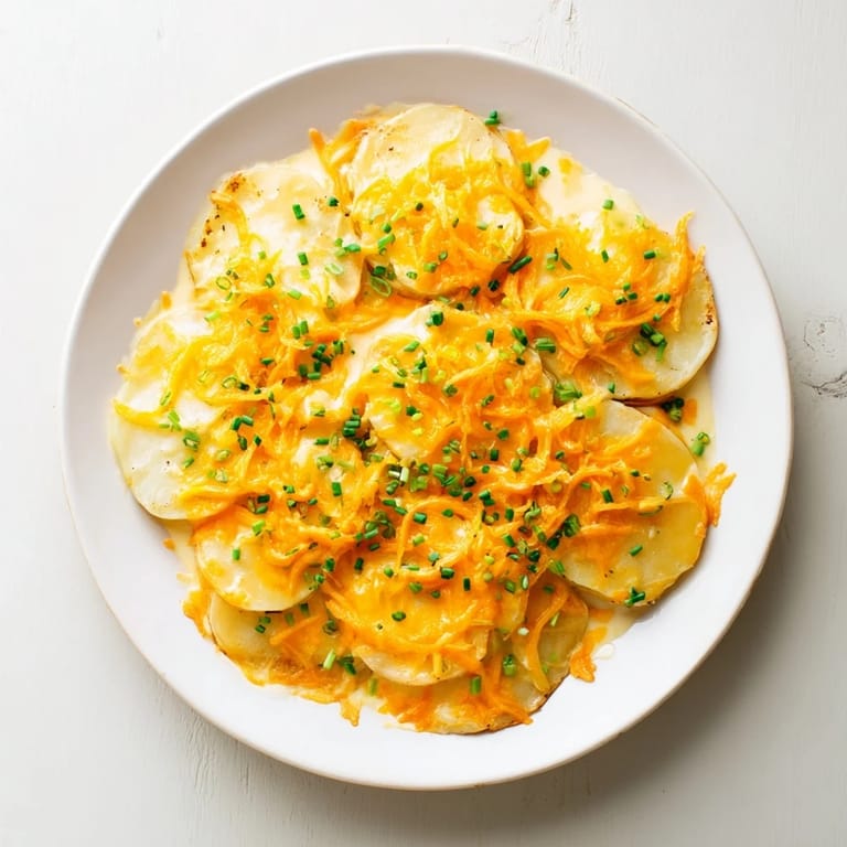 A close-up of creamy cheesy scalloped potatoes, with melted cheese and tender potato layers.