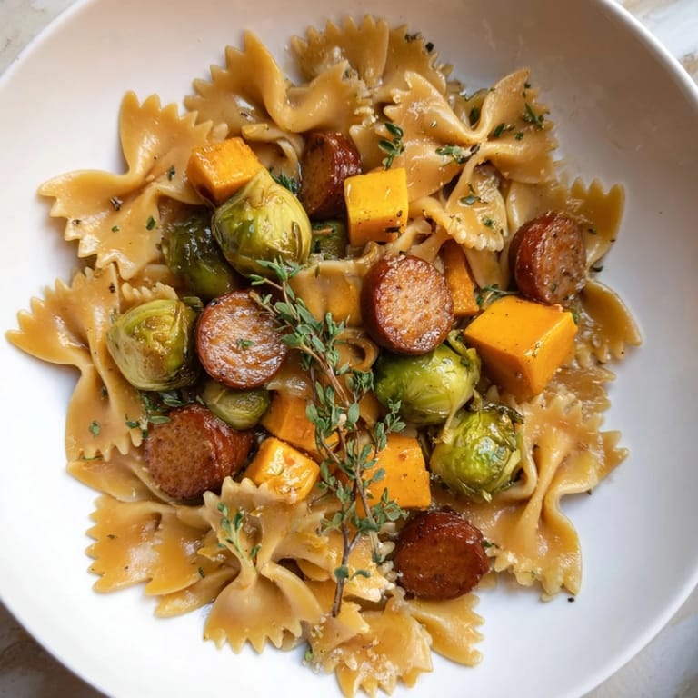 Tender bow tie pasta hugs roasted vegetables and sausage in this Autumn Sausage Pasta Squash.