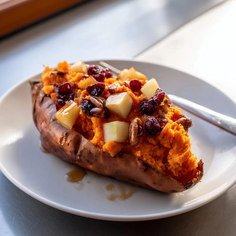 Close-up of fluffy Cranberry Apple Twice-Baked Sweet Potatoes, bursting with fall flavors and sweet maple drizzle.