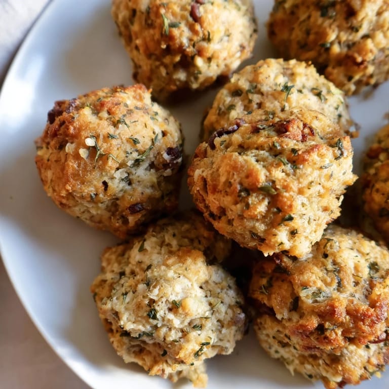 Up-close shot of fresh Quick Christmas Stuffing Balls, studded with herbs, perfect for a vegetarian feast.
