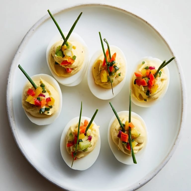 These easy festive deviled egg ornaments are garnished with colorful peppers, ready to eat.