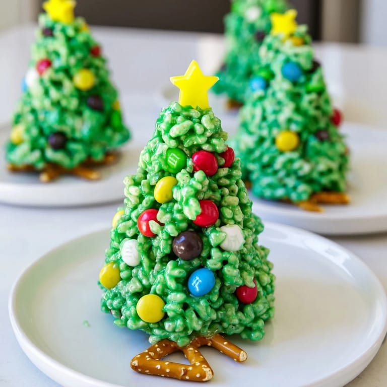 Sweet and crunchy Christmas Tree Rice Crispy Treats, a holiday dessert coated in green marshmallow and shaped like mini trees.