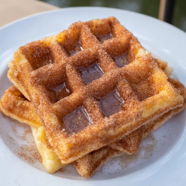 Imagine the crispy, cinnamon sugar-dusted texture of these amazing Churro Waffles, a breakfast delight!