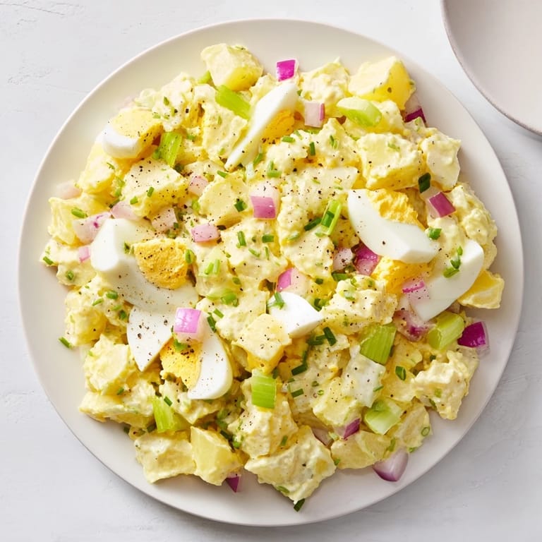 Enjoy a spoonful of flavorful Chopped Egg and Potato Salad, a comforting dish with fresh dill and creamy dressing.