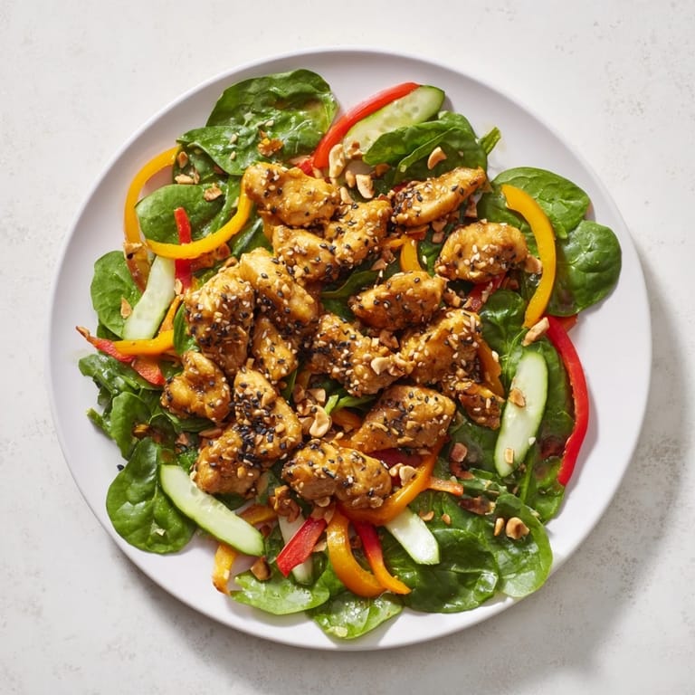 Fresh High-Protein Chicken Stir-Fry Salad Bowl, showing tender chicken and a vibrant sesame-ginger dressing.