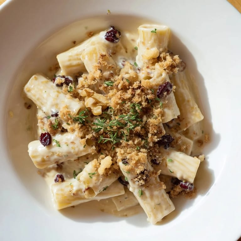 Close-up of the flavorful Cranberry and Brie Tartlet Pasta, showcasing melted cheese and cranberries.