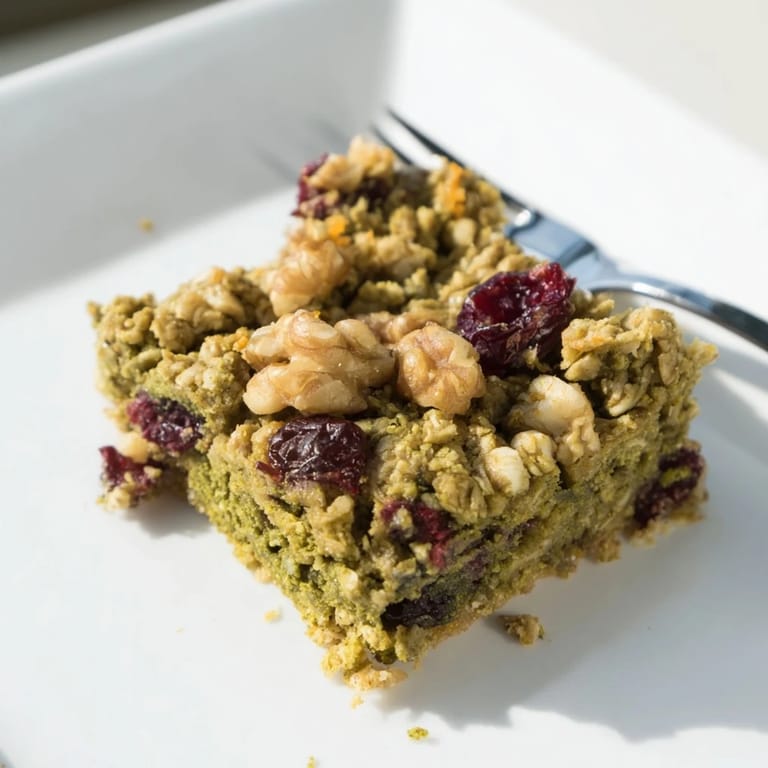 Warm, inviting picture of Matcha Cranberry Oat Crumble Breakfast Bars, ideal for a wholesome breakfast snack.