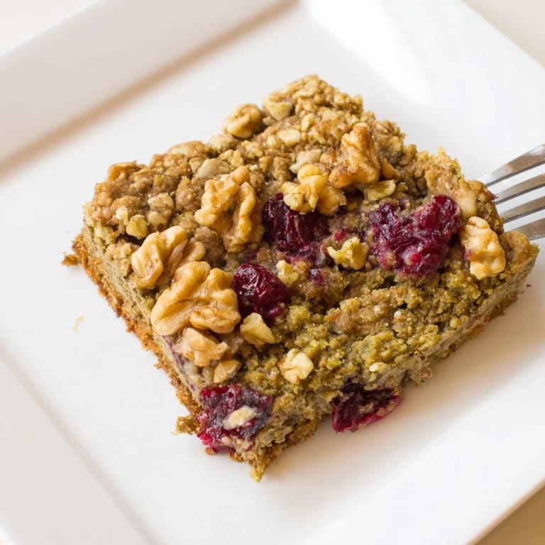 Close-up of a chewy Matcha Cranberry Oat Crumble Breakfast Bar, showcasing tart cranberries and oats.