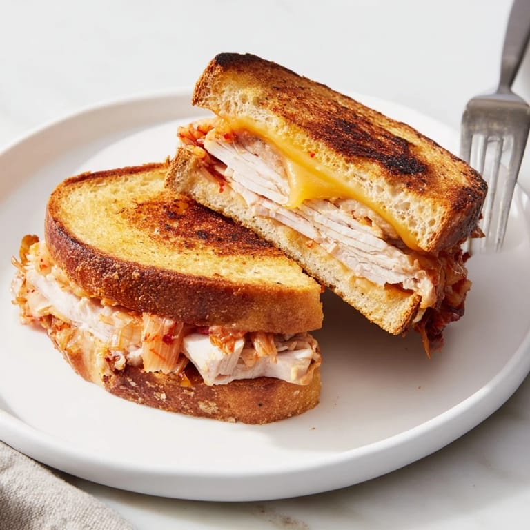 A close-up of a warm Kimchi Turkey & Cheddar Toasted Grilled Cheese, ready to be sliced and enjoyed.