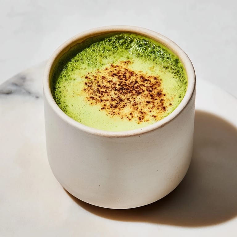 Frothy Cinnamon Maple Oat Milk Matcha Latte, garnished with cinnamon, ready to enjoy this delightful beverage.