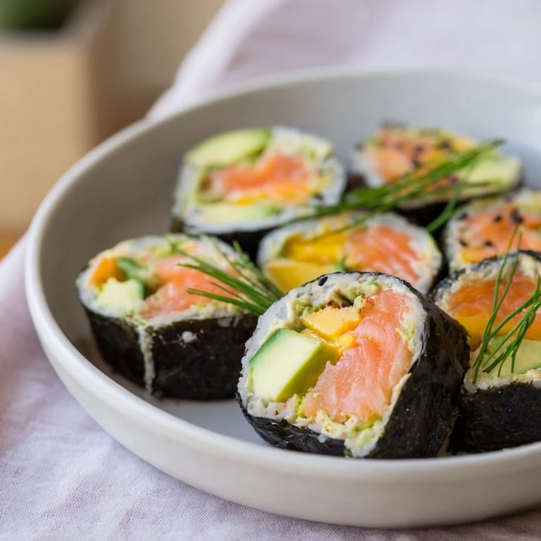 A close-up of a High-Protein Sushi Wrap Smoked Salmon Holiday Roll, ready to be sliced and served.