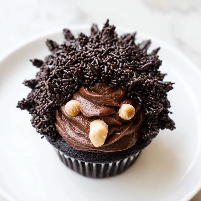 A delicious Hedgehog Cupcake Tower is presented, with chocolate buttercream and adorable hedgehog faces on top.