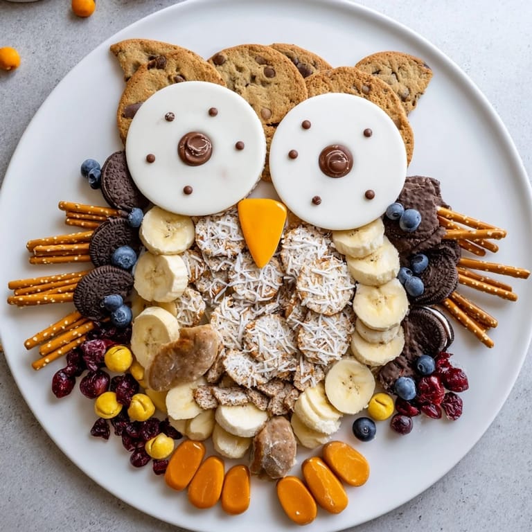Intriguing Owl Hooting Dessert Board with chocolate, cookies, and fruity treats; perfect for dessert!