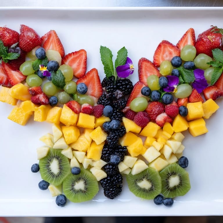 Delightful visual of a Butterfly Bloom Fruit Board, showcasing a vibrant array of summer fruits at a brunch.
