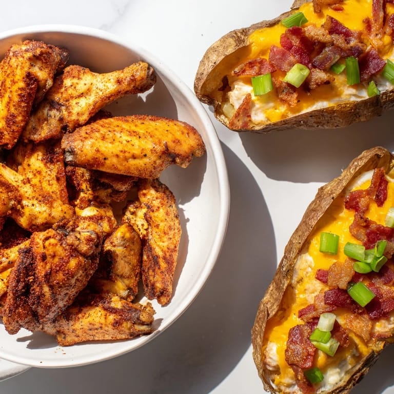 Imagine this hearty Touchdown Football Tailgate Spread: wings, sausages, and loaded potato skins, a game day feast.