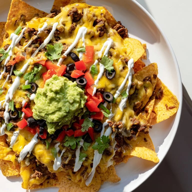 A close-up of a festive soccer field nacho platter, overflowing with cheese and toppings to enjoy.