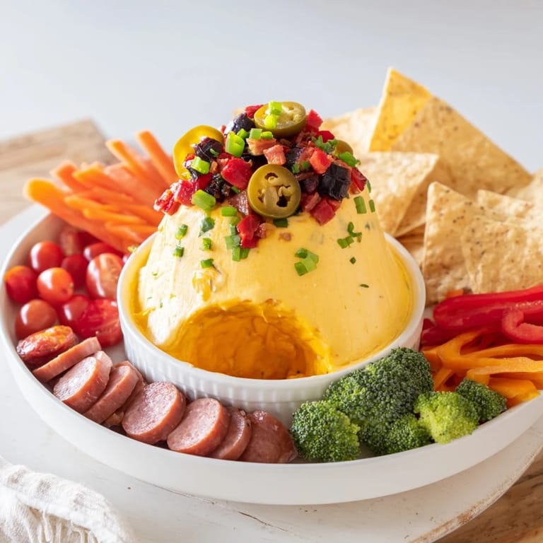 This Lava Flow Volcano Dip Platter showcases a spicy cheese "volcano" surrounded by tasty dippers.
