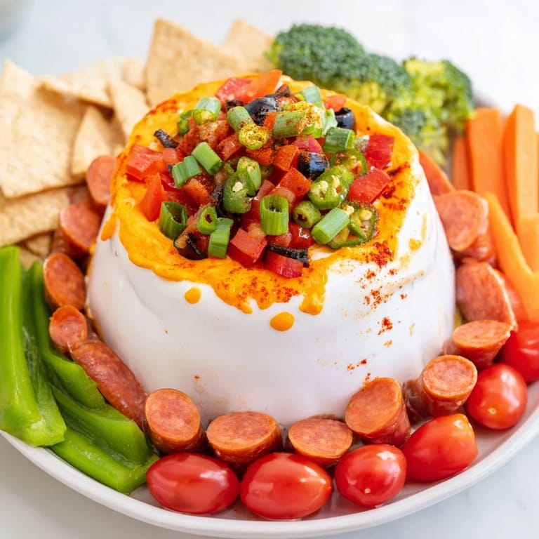 Imagine the Lava Flow Volcano Dip Platter: warm cheese, smoky sausage, and vibrant, fresh vegetables.
