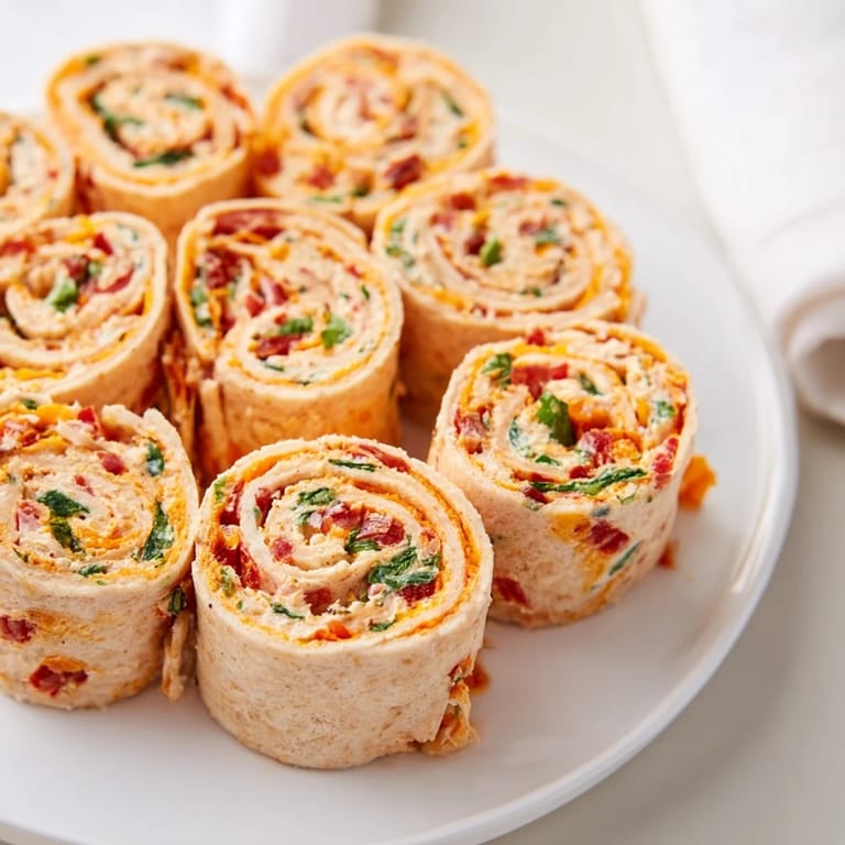 Vibrant Cozy Scarf Holiday Pinwheel Wraps, filled with cheese and veggies, a delicious appetizer.