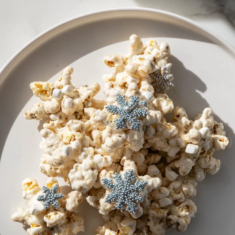 Sweet and salty Ski Season Snowflake Snack Mix, ready to serve with clusters of pretzels and white chocolate.